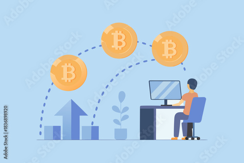 Man working on computer with bitcoin coins and upward trending graph symbolizing financial growth