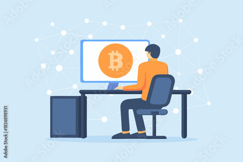 Man sitting at desk working on computer with bitcoin symbol on screen and network grid background