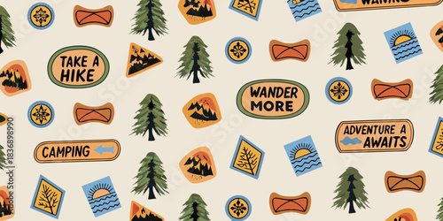 Whimsical outdoor adventure pattern with camping hiking and wander more motifs