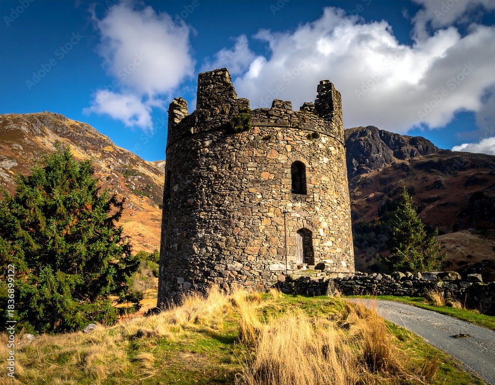 Fototapeta premium Ancient stone tower amidst a mountain landscape under a blue sky