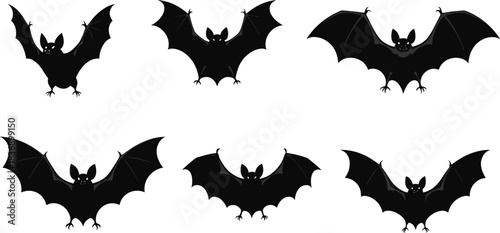 Set of flying bat silhouettes, black vector illustrations with spread wings, spooky halloween vampire icons, isolated on white background