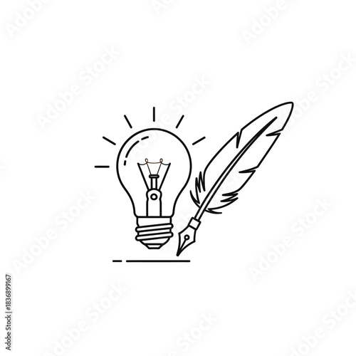 Conceptual Icon of Creativity with Lightbulb and Quill Pen.