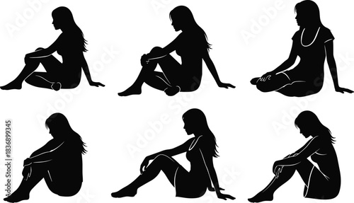 Set of sitting woman silhouettes, relaxed female poses on floor, black vector illustrations of girl side profiles, isolated