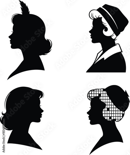 Set of vintage female profile silhouettes, retro 1950s woman heads wearing hats and veils, black vector portraits, classic beauty style