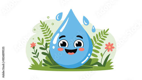 A cheerful cartoon water drop character with a happy face and blushing cheeks stands in a lush green garden with flowers and leaves