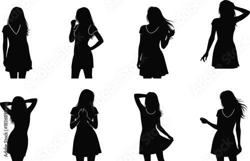 Set of woman silhouettes in short dresses, female fashion models posing, black vector illustrations isolated on white background