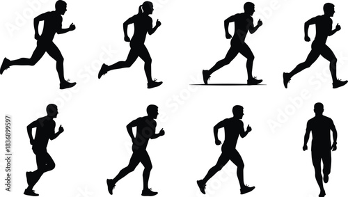 Stylized running silhouette set, dynamic human motion, athletic stride, black figure graphic, vector art, fitness and sports illustration