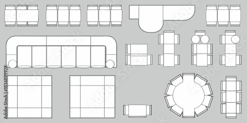 Top view blueprint collection of various modern furniture arrangements for living room and lounge spaces