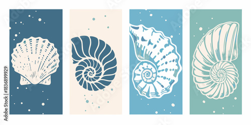 Set of four vertical abstract seashell illustrations in calming coastal color palette
