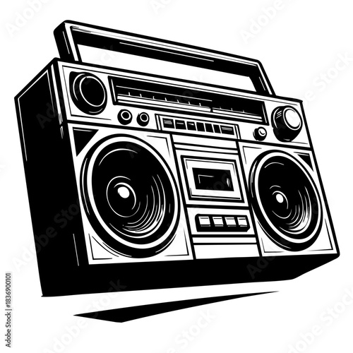 Detailed boombox illustration, black and white, perspective distortion for dynamic effect