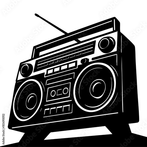 Iconic 80s portable stereo, black and white, powerful low-angle shot