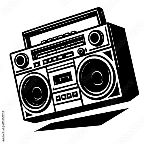 Old-school ghetto blaster, black and white clean vector style, tilted action pose