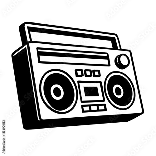 Minimalist black and white boombox, angled sideways