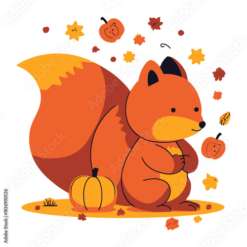 Cute cartoon squirrel with pumpkins and autumn leaves