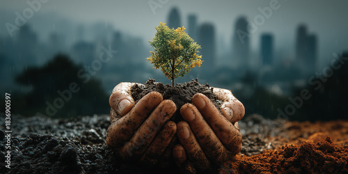 hand in the desert, Hands holding a sprouting seedling in soil