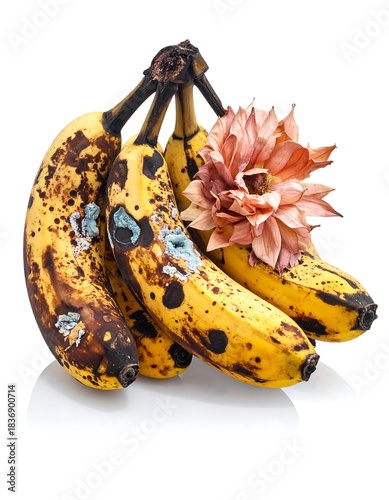 Close-up studio shot of a bunch of overripe bananas, displaying dark spots and mold, with a dry flower attached