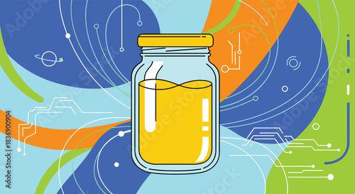 Glass jar with golden liquid against a vibrant, abstract background featuring tech-inspired lines and a planet symbol.