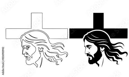 Profile of Jesus Christ face with long hair and beard on a simple cross, outline and silhouette vector icon for Christian faith, Easter, and religious graphic design.