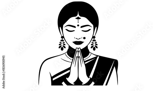 Serene Indian Woman or Dancer with Closed Eyes Praying in Namaste Mudra Vector Illustration