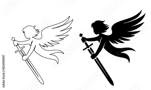 Angel with a Sword silhouette and outline vector, archangel or cherub icon, spiritual guardian graphic for Christian faith, protection, and religious mythology.