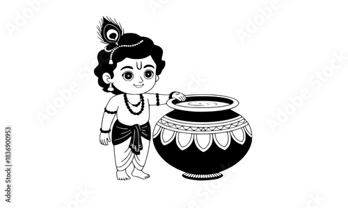 Cute Baby Krishna Makhan Chor Silhouette Vector Icon Crawling Away from Spilled Butter Pot