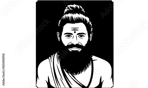Portrait of Hindu Sadhu or Rishi, a spiritual sage or guru with long beard and top knot, black and white vector illustration for meditation, yoga, and traditional Indian culture.