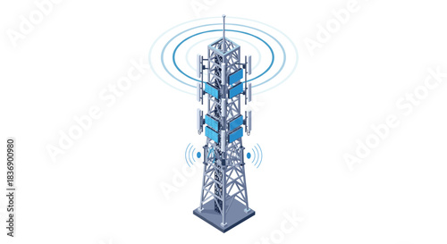 Isometric illustration of a modern communication tower radiating wireless signals, symbolizing global mobile network connectivity and telecommunication technology.
