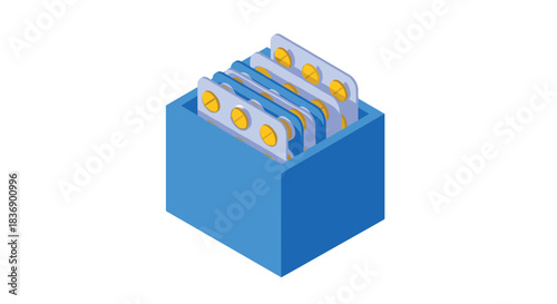 A stylized blue box filled with many blister packs containing round yellow pills, indicating organized medicine storage.