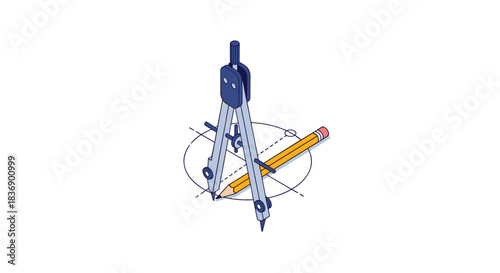 Isometric illustration of a drafting compass and pencil precisely drawing a geometric circle with construction lines, representing design and education.
