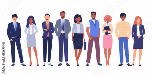 Diverse group of business professionals standing together confidently on white background