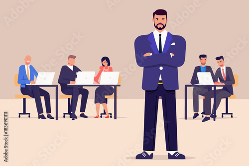 Confident businessman overseeing team working on laptops in an office