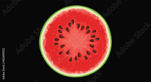 A vibrant cross-section of a ripe watermelon with black seeds and a green rind on a black background, perfect for summer themes.
