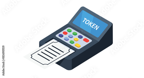 Isometric illustration of a token machine or ticket vending machine dispensing a paper ticket, featuring a screen displaying 'TOKEN' and colorful buttons.