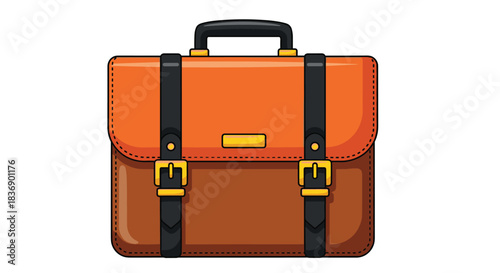 A flat design illustration of a classic brown leather briefcase with black straps and gold buckles, perfect for business or education.