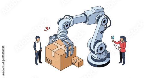 An industrial robotic arm lifts a cardboard box in an automated logistics facility, supervised by human workers ensuring efficiency and quality control.