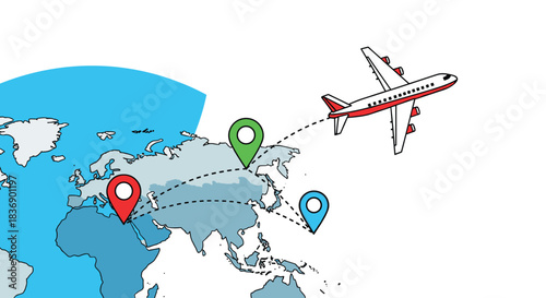 Airplane flying over a world map, connecting multiple travel destination pins with dashed lines, illustrating global travel routes and logistics.
