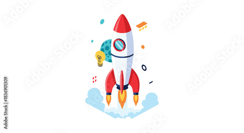 Vibrant isometric illustration depicting a rocket launching, symbolizing business startup, innovation, creative ideas, and success.