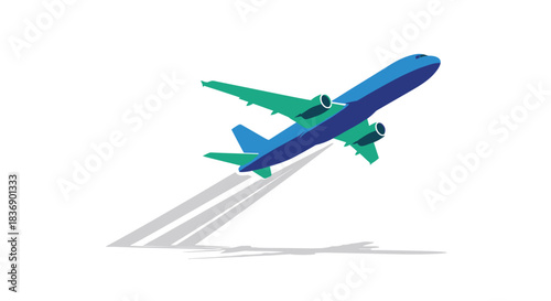 A stylized blue and green commercial airplane takes off with visible engine thrust, illustrating air travel, departure, and the beginning of a journey.