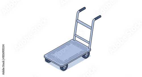 Clean isometric illustration of a modern gray platform hand truck, featuring a textured deck and sturdy wheels, on white.