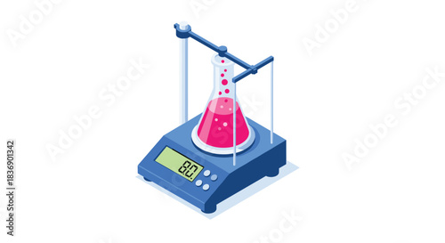 An isometric illustration of a laboratory experiment with a conical flask containing a bubbling pink liquid on a digital scale showing 80.