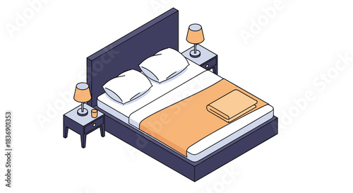 A modern isometric bedroom setup featuring a comfortable double bed, two pillows, an orange blanket, and matching nightstands with lamps.