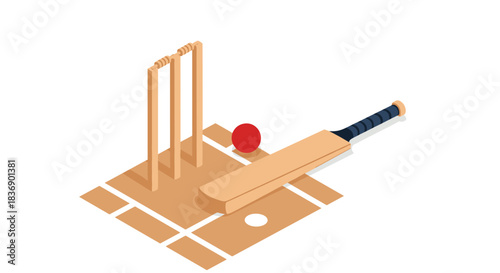 Isometric illustration of cricket equipment including stumps, a red ball, and a bat laid out on a simplified cricket pitch.