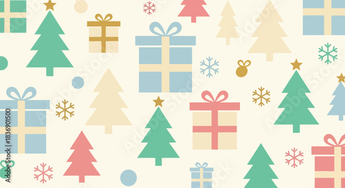Charming pastel holiday seamless pattern featuring stylized Christmas trees and beautifully wrapped gift boxes for festive design