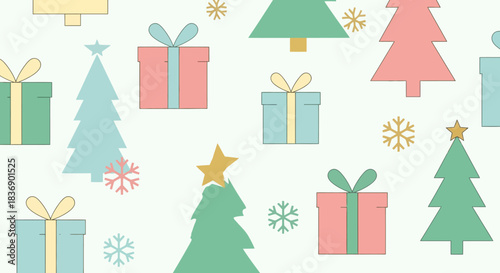 Charming pastel holiday pattern featuring delightful Christmas trees presents and sparkling snowflakes for festive design