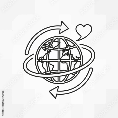 Global love and care concept with heart and arrows around the world.