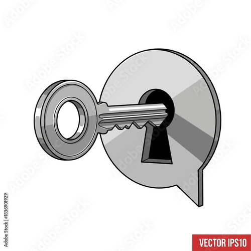 Grayscale vector icon of a key entering a speech bubble keyhole.