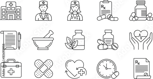 Medical, healthcare, icons, set, hospital, doctor, nurse, medicine, pharmacy, prescription, treatment, emergency, firstaid, wellness, clinic, patient, diagnostics, therapy, vector, illustration