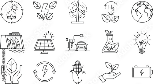 Renewable, energy, icons, set, solar, wind, hydro, hydrogen, battery, recycling, electric, car, green, technology, sustainability, environment, eco, power, vector, illustration