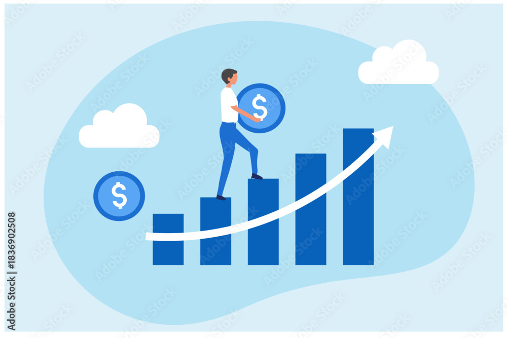 Obraz premium Businessman climbs a graph growing up. Success financial concept vector illustration