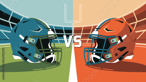 Football Helmet Clash A Super Bowl Sunday Showdown Illustration with Stadium Backdrop Depicted